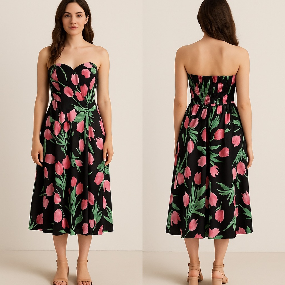 Vintage Willow Ridge Black Floral Taffeta Strapless Drop Waist Dress Sz. 12